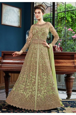 Light green net embroidered long choli lehenga  4533